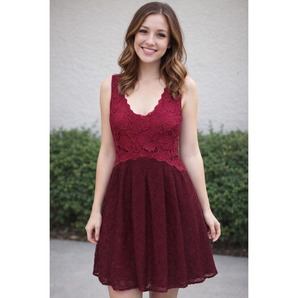 Anthropologie Moulinette Soeurs Lace‎ Fit Flare Dress Burgundy Sz 8 Prom Wedding